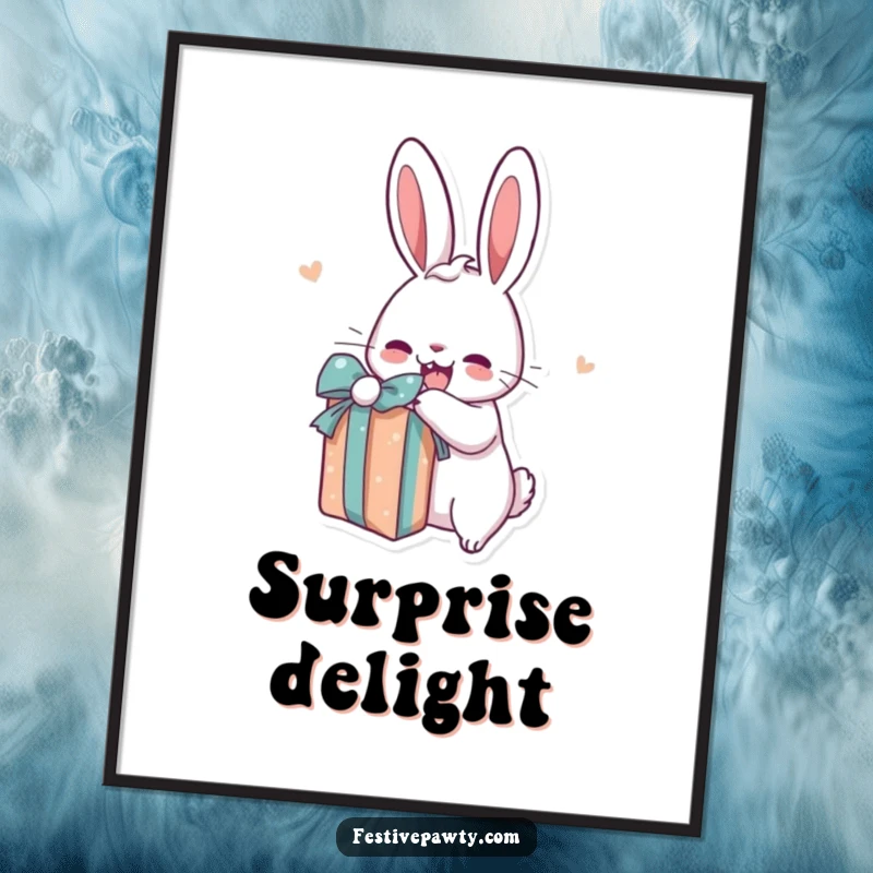 Funny rabbit digital art print of a cartoon bunny excitedly unwrapping a present with wide, joyful eyes.