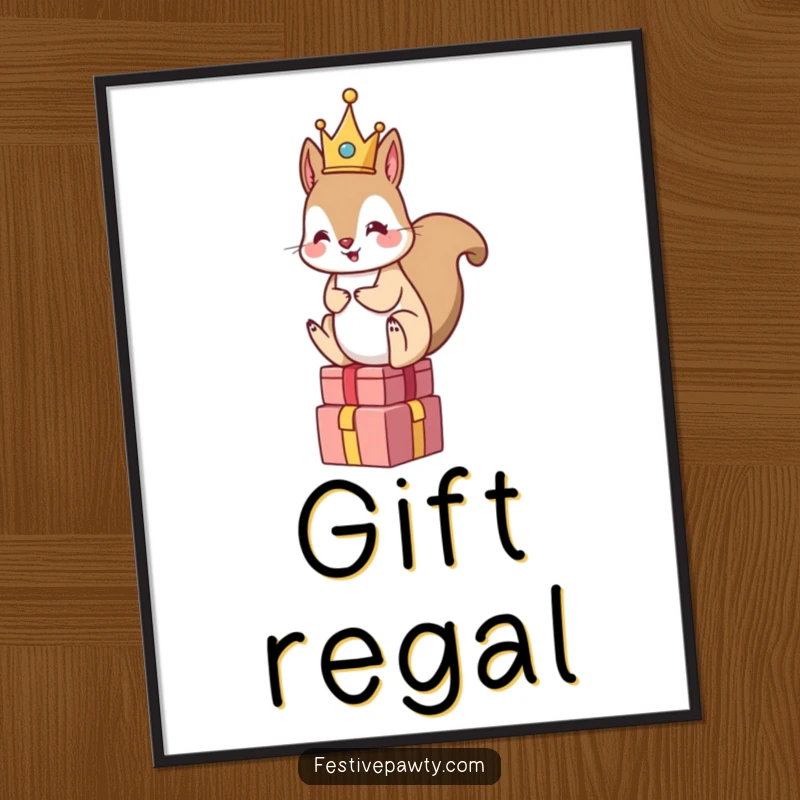 Funny Squirrel King Digital Art Print: A crowned squirrel sits atop gifts, perfect for instant regal and humorous decor.
