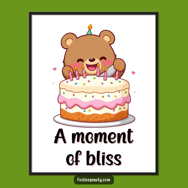 High-Quality Funny Birthday Bear Cake Slice Digital Art Print - Instant Festive Decor