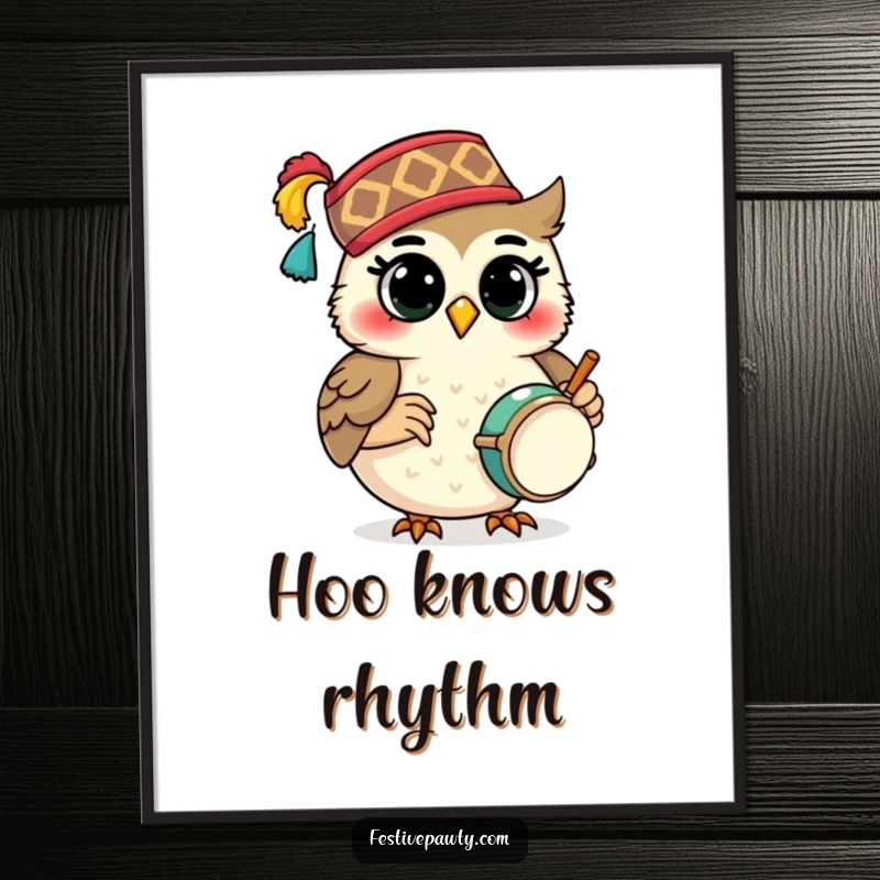 Funny Digital Art Print: A festive owl character in a fez plays a tiny drum, creating instant musical charm.