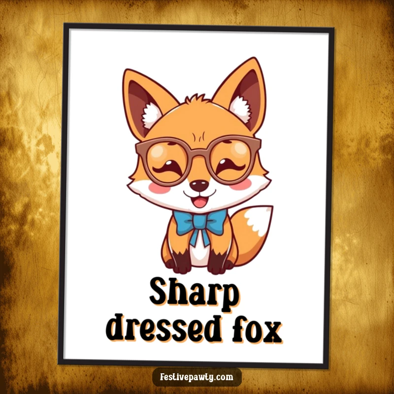 Funny joyful fox digital art print of a dapper fox wearing novelty glasses and a bow tie.