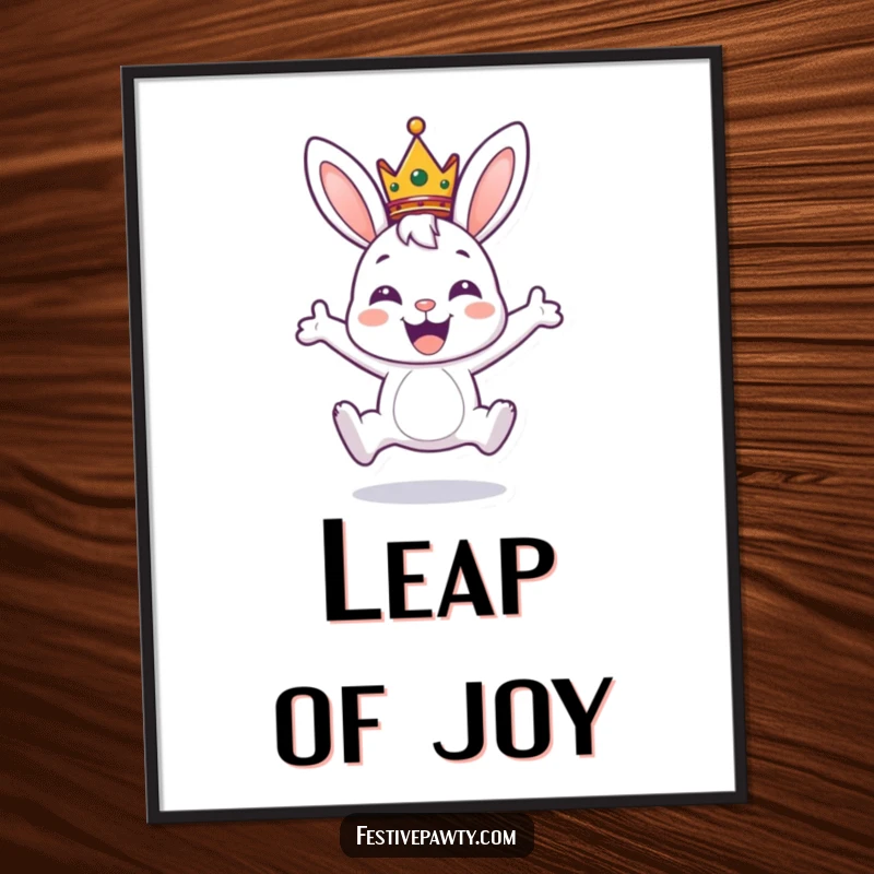 Funny digital art print of a crowned bunny character joyfully leaping with excitement, creating a whimsical and regal atmosphere.