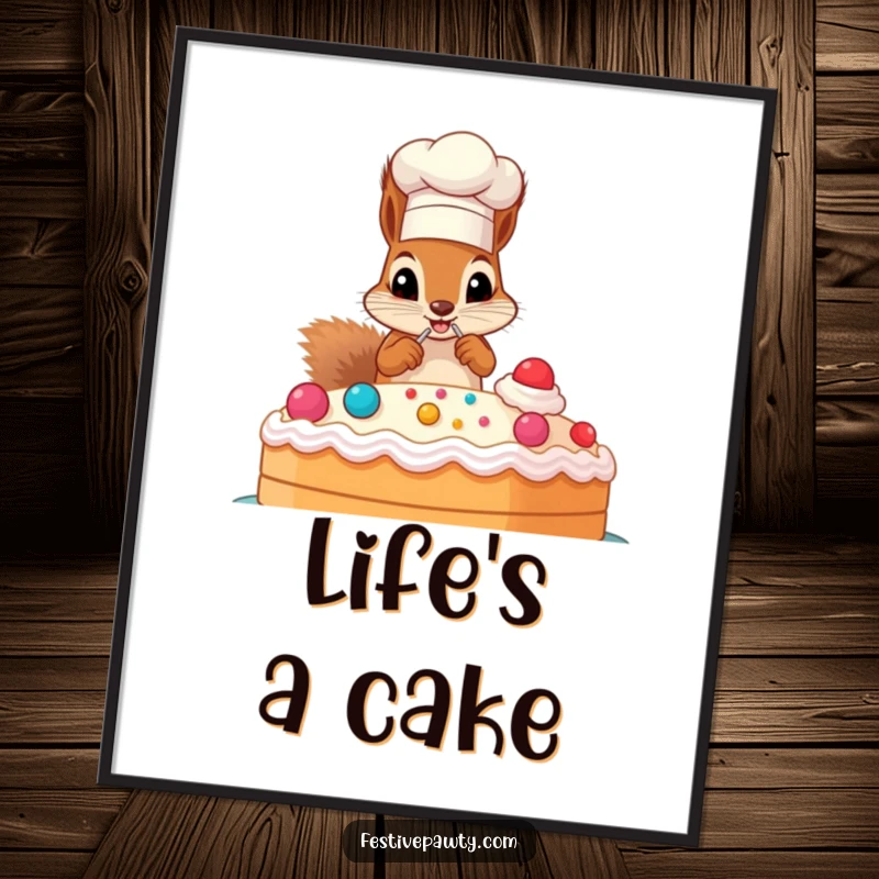 Funny digital art of a squirrel in a chef hat, decorating a huge cake, perfect DIY decor.