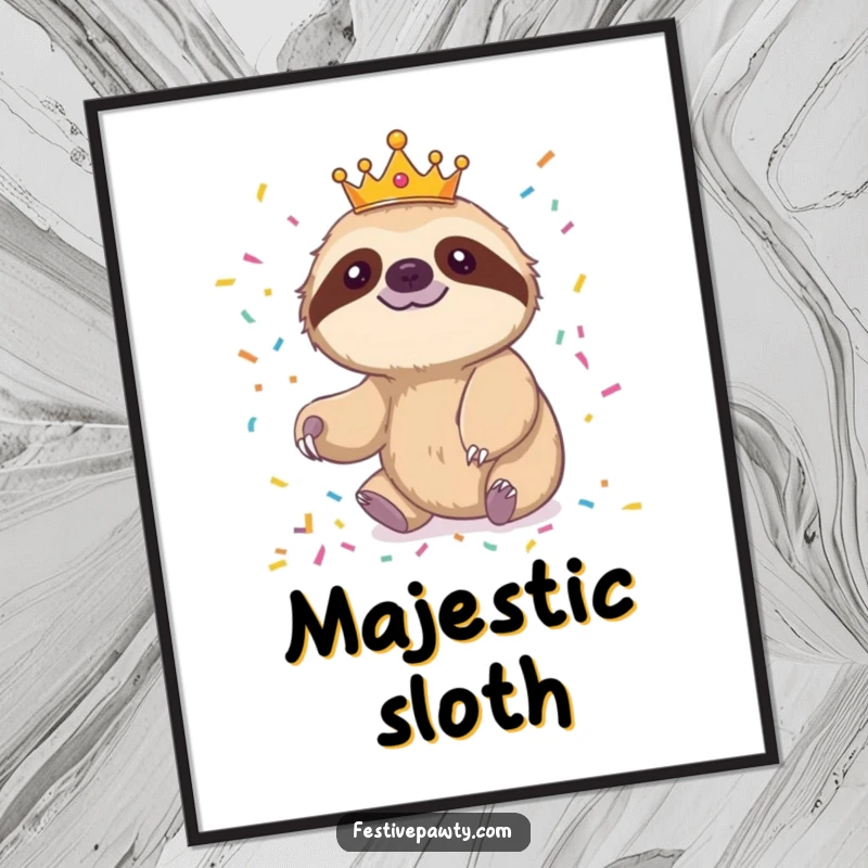 Funny sloth digital art of a crowned sloth slowly reaching for confetti, ideal for relaxed decor.