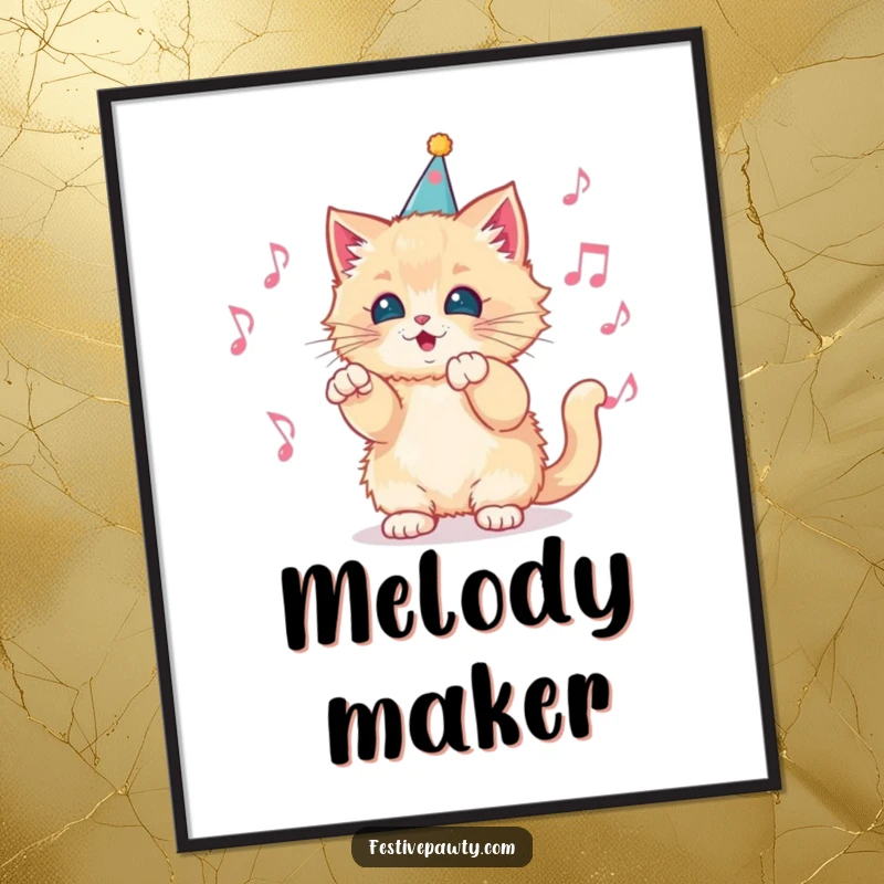 Funny Digital Art Print of a fluffy kitten in a party hat, conducting a vibrant orchestra of musical notes, ready for instant download and display.