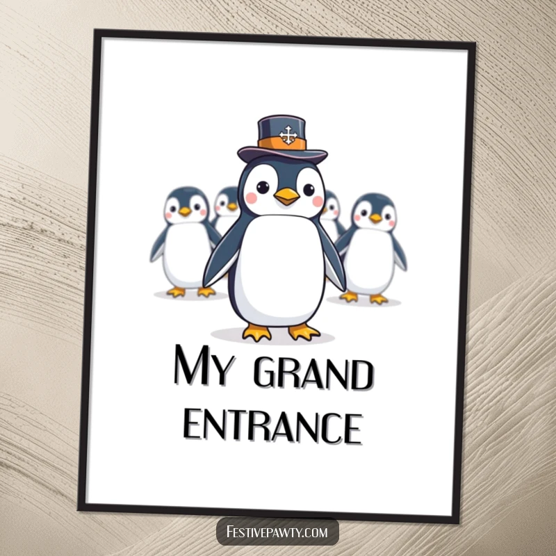 Funny Digital Art Print of a penguin in a top hat leading a conga line, perfect for online or home decor.