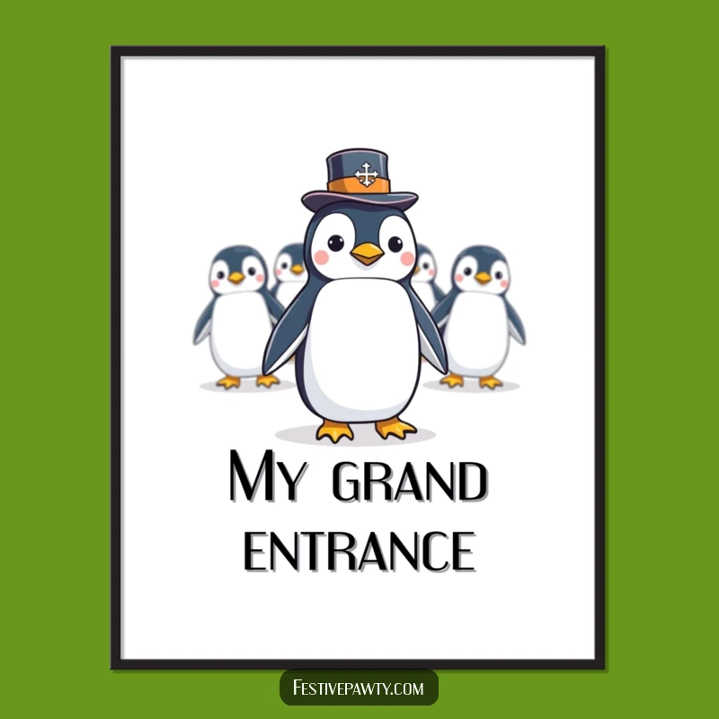 Funny Penguin Conga Line Art: A Dapper Bird Leads a Hilarious Celebration, Perfect Gift!