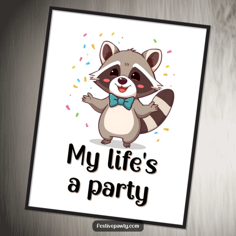Funny digital art of a delighted raccoon in a bowtie, juggling a burst of colorful confetti, instant decor.