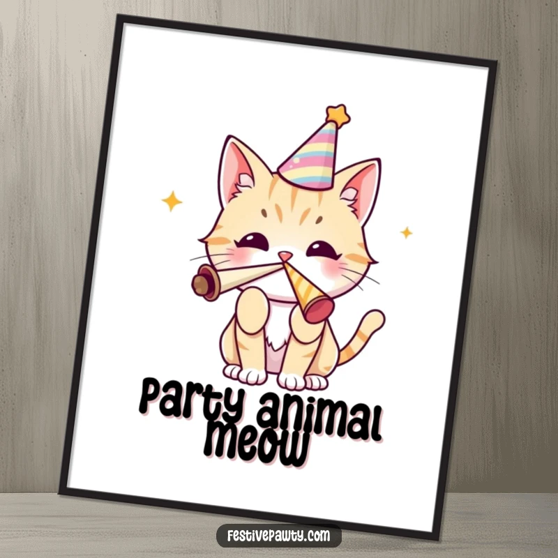 Funny cat digital art print of a cute character in a party hat blowing a party horn with enthusiasm, conveying celebration and joy.