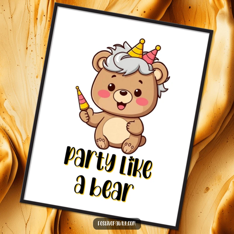 Funny digital art print of a happy bear character wearing a comical wig and holding a party horn, celebrating with gusto.