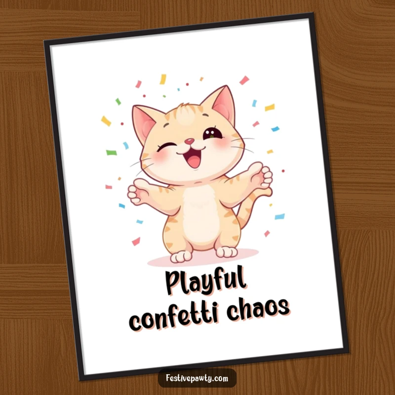 Funny cat character playfully juggling colorful confetti with its paws, offered as a digital art print for instant humor.