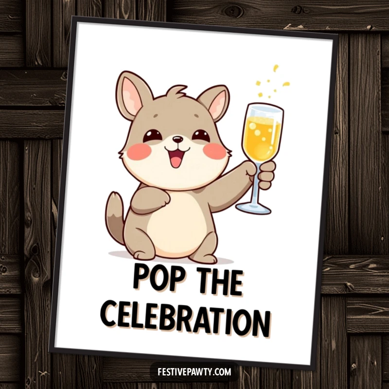 Funny digital art print of a delighted animal character raising a glass of fizzy drink in a toast, celebrating good times.