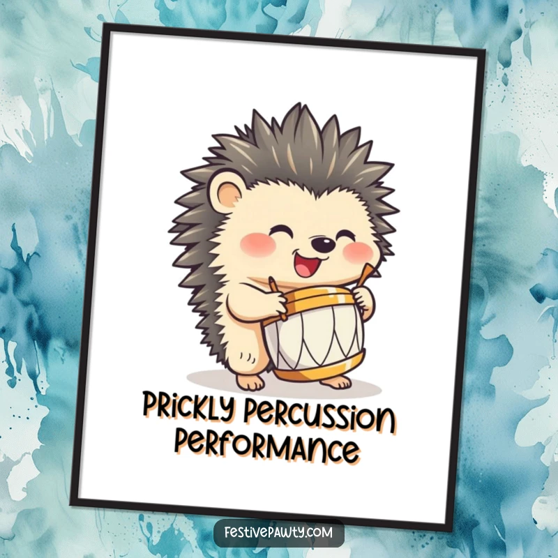 Funny hedgehog digital art print, happily playing a miniature drum with quills, conveying humorous musical energy and artistic joy.