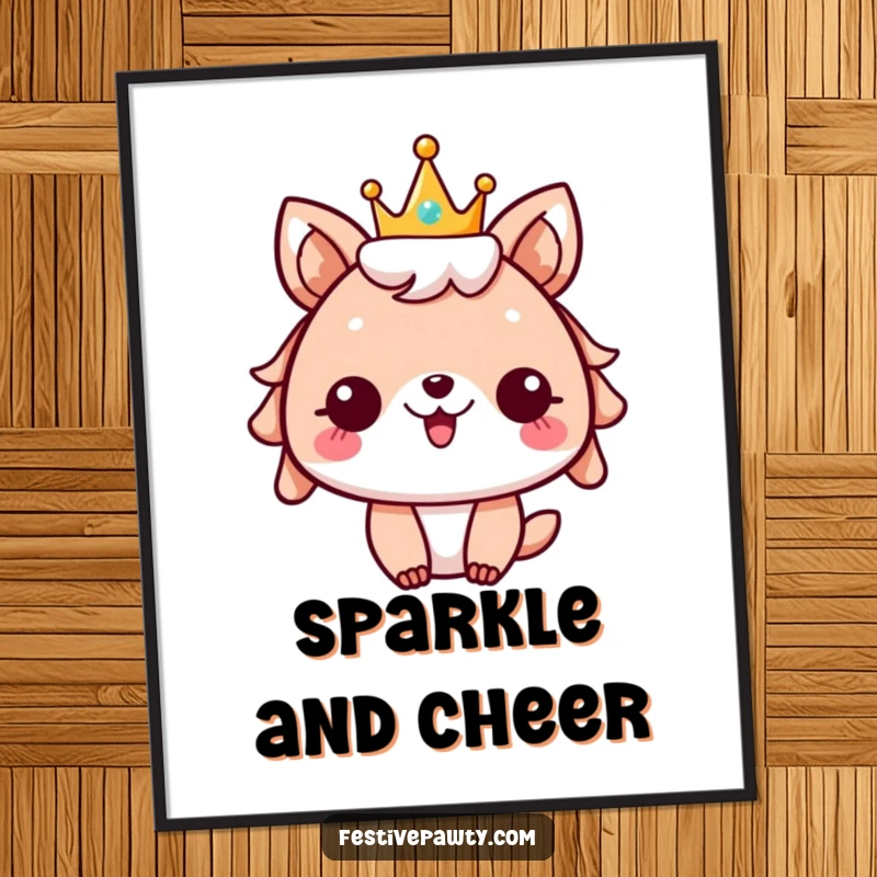 Funny festive animal digital art print, character wearing a sparkly crown, cheering enthusiastically, embodying pure celebration and joy.
