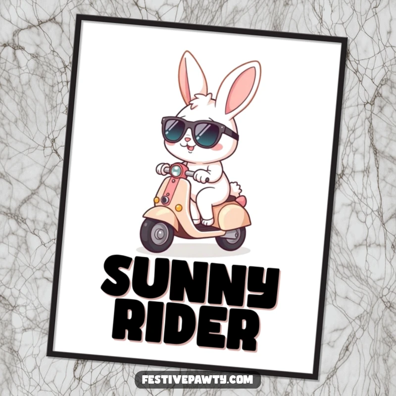 Funny Digital Art Print of a cheerful bunny wearing sunglasses, riding a tiny scooter, ready for instant download and display.