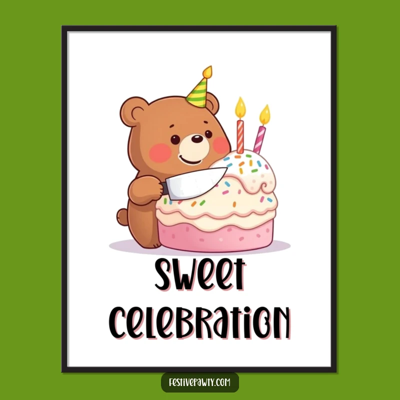 Funny Birthday Bear Digital Art: Festive Cake Poster Print Celebration