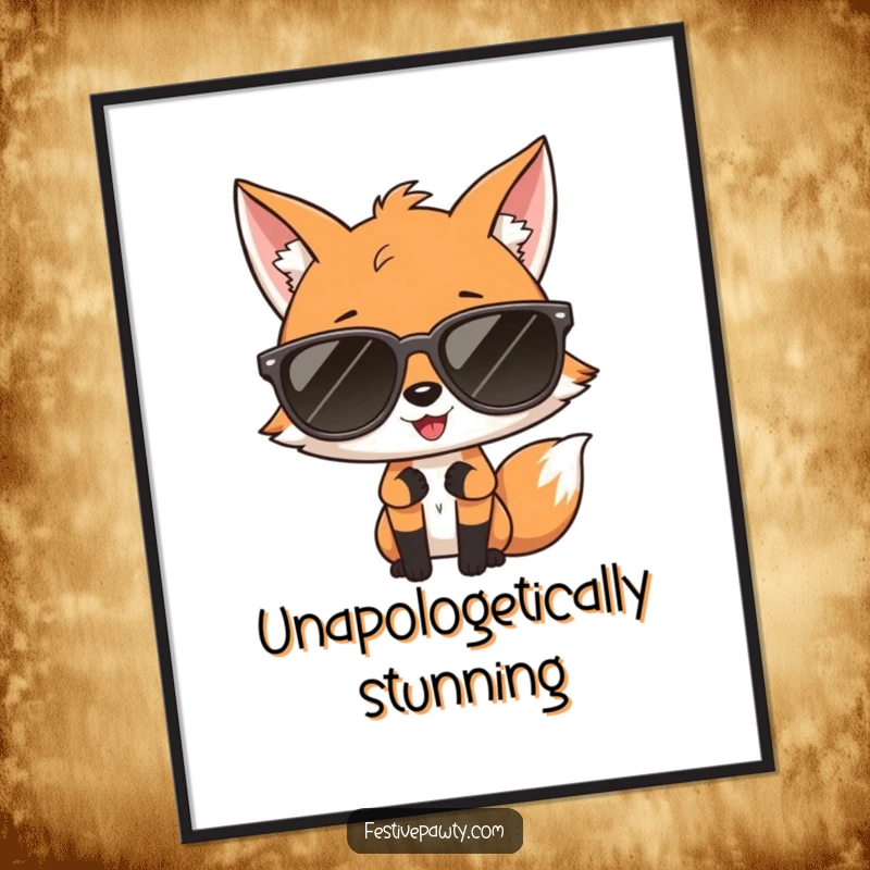 Funny digital art print of a giggling fox in oversized sunglasses striking a diva pose, radiating confidence and style.