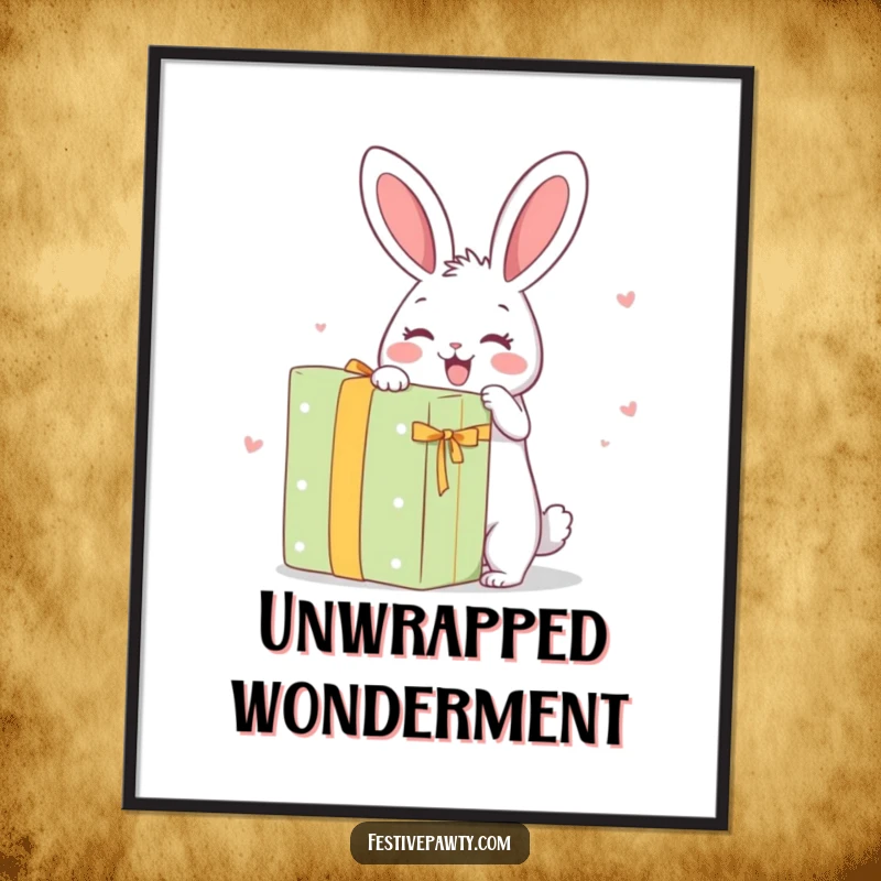 Funny Digital Art Print: A happy rabbit character with pure elation unwrapping an enormous surprise gift.