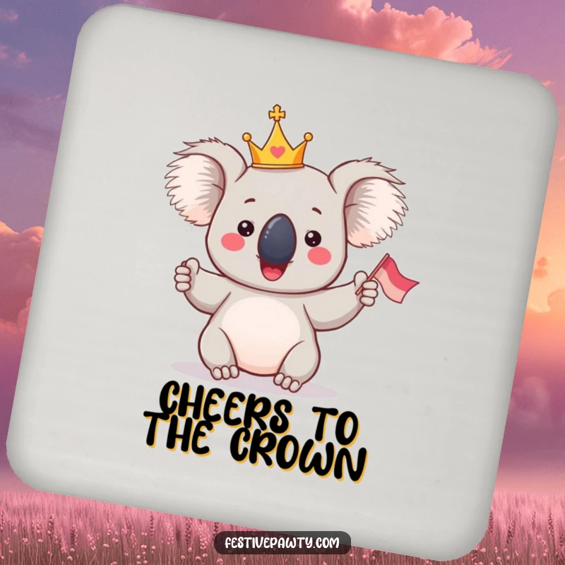 Funny Koala King Coaster: A giddy koala with a tiny crown, enthusiastically waving a flag, adding a regal and humorous touch to drink service.
