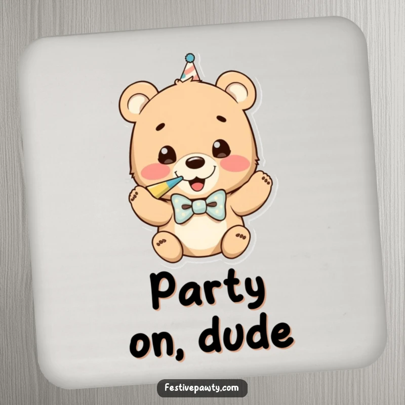 Funny drink coaster with a bear cub in a bowtie, blowing a party horn, adding a festive and humorous accent.