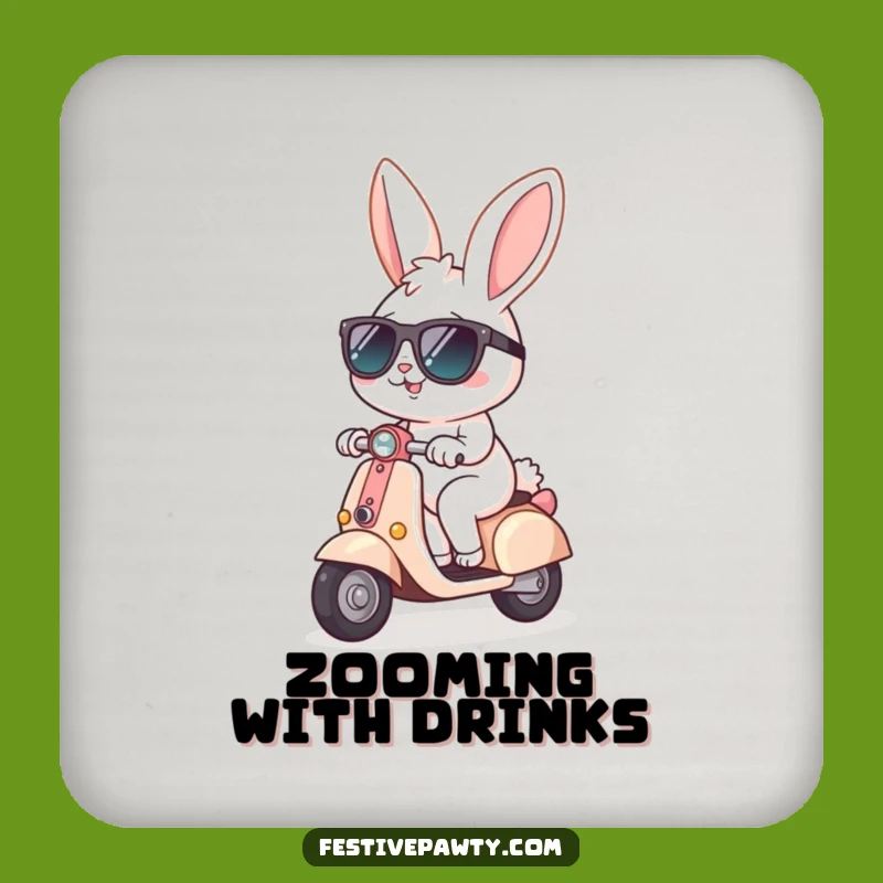 Funny Bunny Scooter Drink Coaster: Cute Sunglasses Rabbit Decor, a Breezy Funny Gift!
