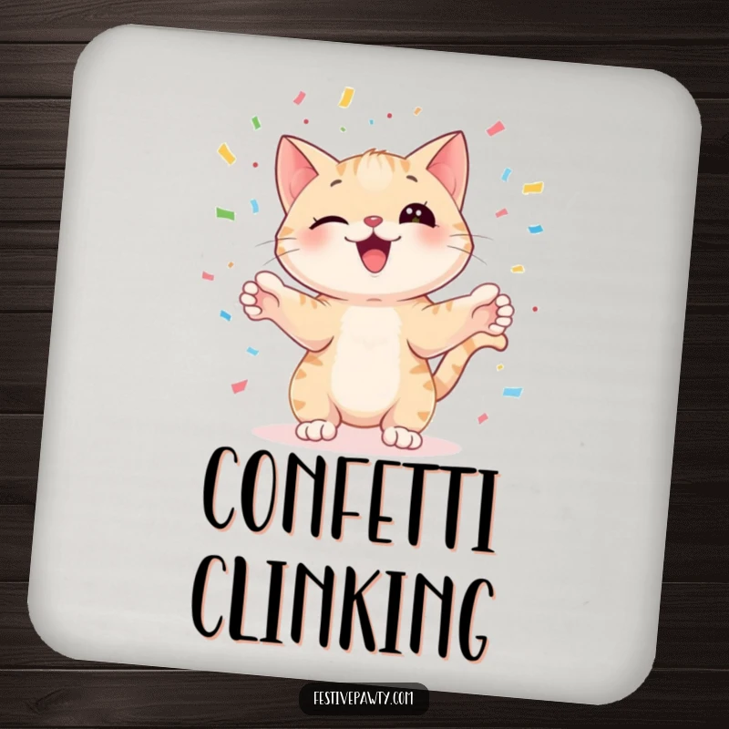 Funny cat character juggling colorful confetti, on a drink coaster, adding a humorous element to tabletops.