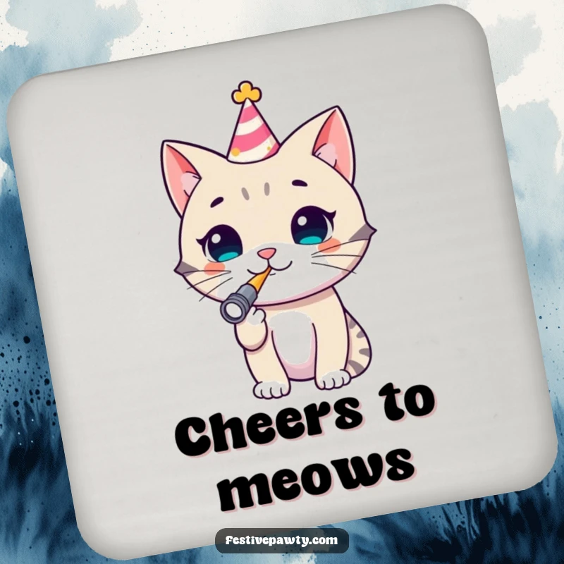 Funny Cat Coasters: A set of coasters featuring a cheerful cat wearing a party hat and blowing a noisemaker, perfect for preventing drink rings.