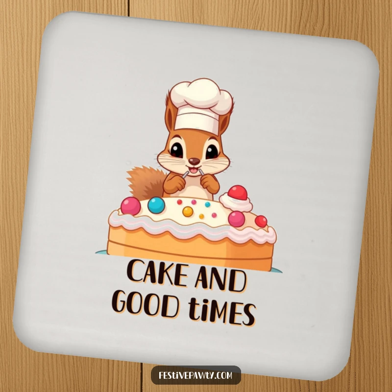 Funny coaster featuring a mischievous squirrel in a chef hat, decorating a giant cake, protecting surfaces.