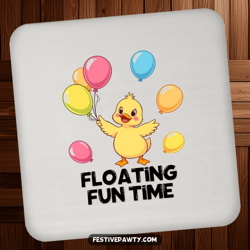 Funny duck coasters (set of 4) featuring a character juggling colorful balloons, adding humor and cheer to tables.