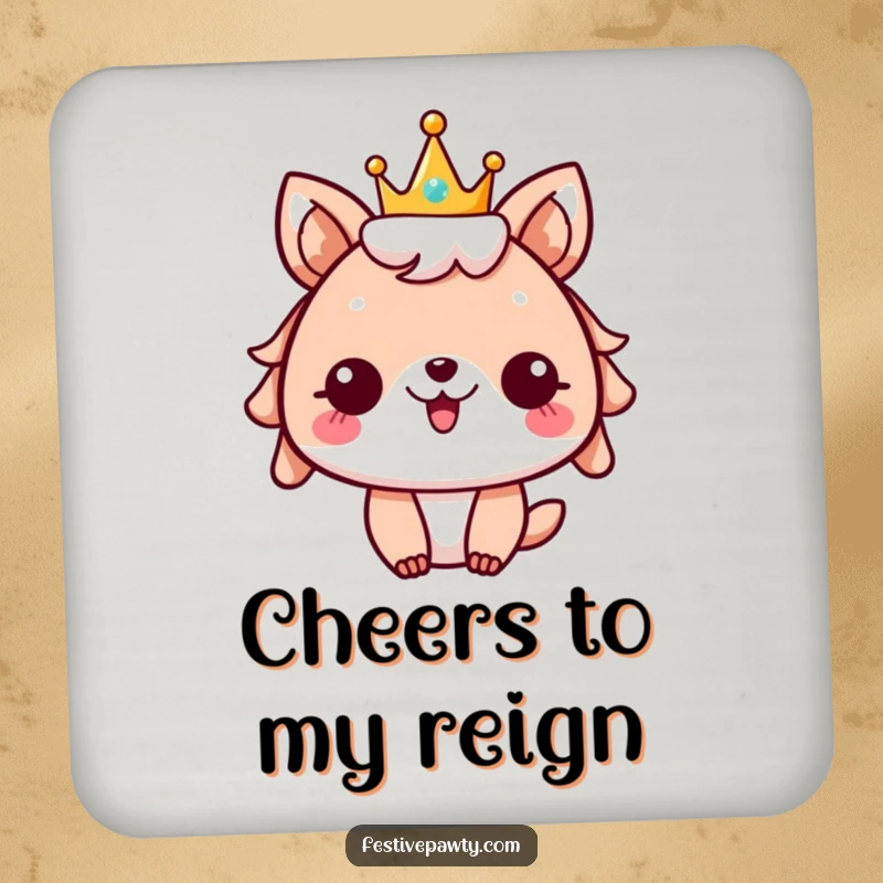 Funny festive animal coaster, character wearing a sparkly crown, cheering with excitement, protecting surfaces with festive flair.