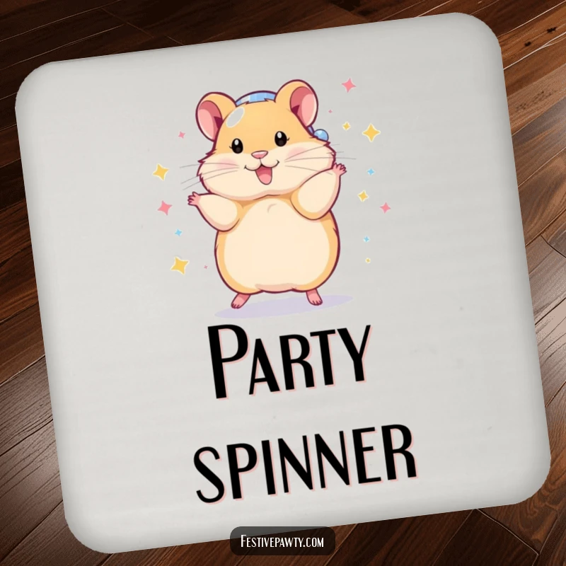 Funny Drink Coaster featuring a playful hamster in a shiny disco ball costume, doing a dazzling spin, adding a touch of disco glamour.