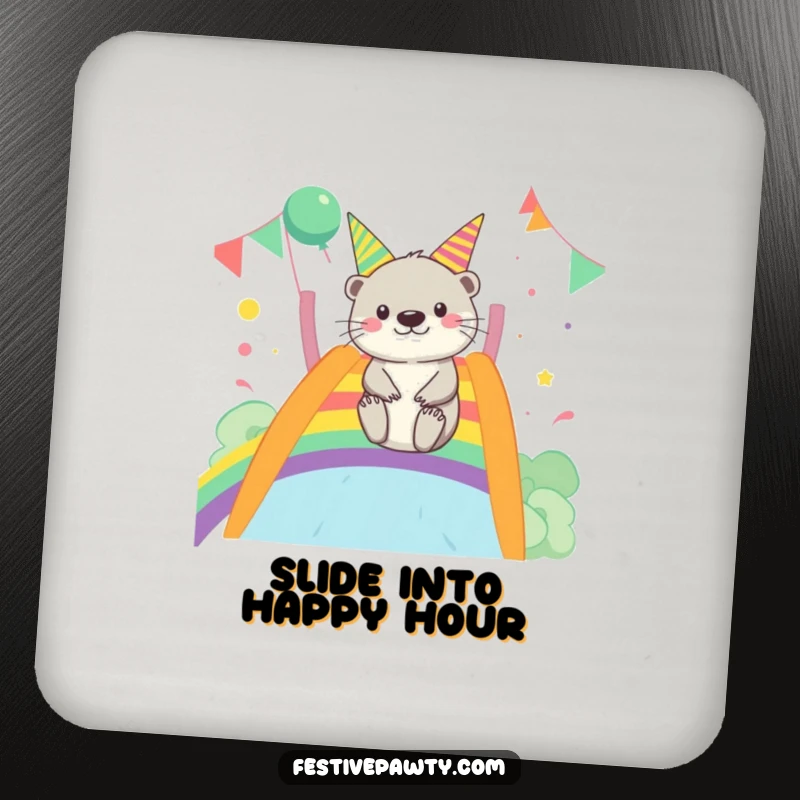 Funny Otter Drink Coaster: A merry otter humorously slides down a rainbow, protecting tables with a joyful, fun design.