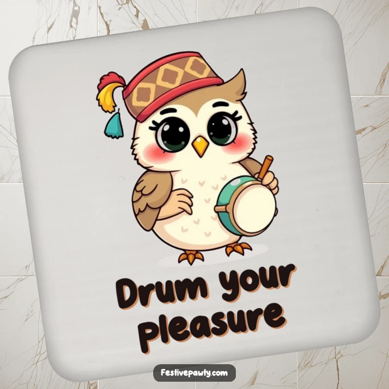 Funny Coaster: A smiling owl character in a festive fez plays a tiny drum, protecting surfaces with musical charm.
