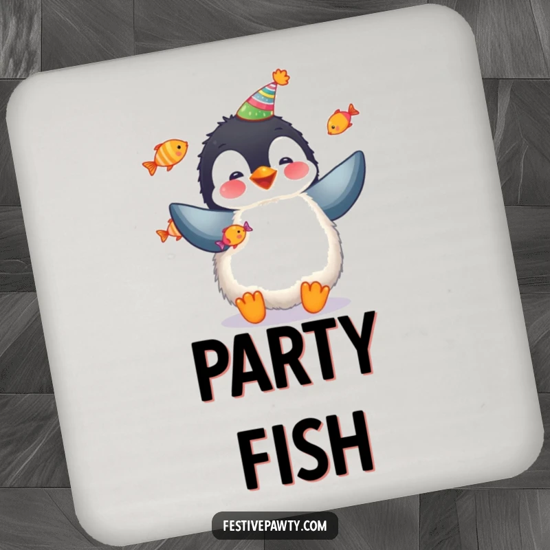 Funny penguin coaster featuring a fluffy penguin juggling colorful fish, adding humor to table protection.