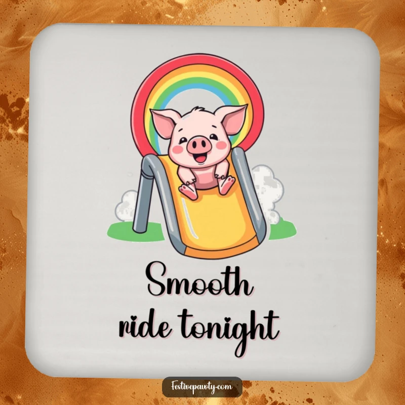 Funny Drink Coaster: A happy pig slides down a colorful rainbow, adding a cheerful and humorous touch to your table.