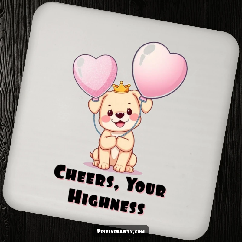 Funny Drink Coaster featuring a happy puppy in a tiny crown, holding a giant glittering balloon, adding a touch of royal fun.