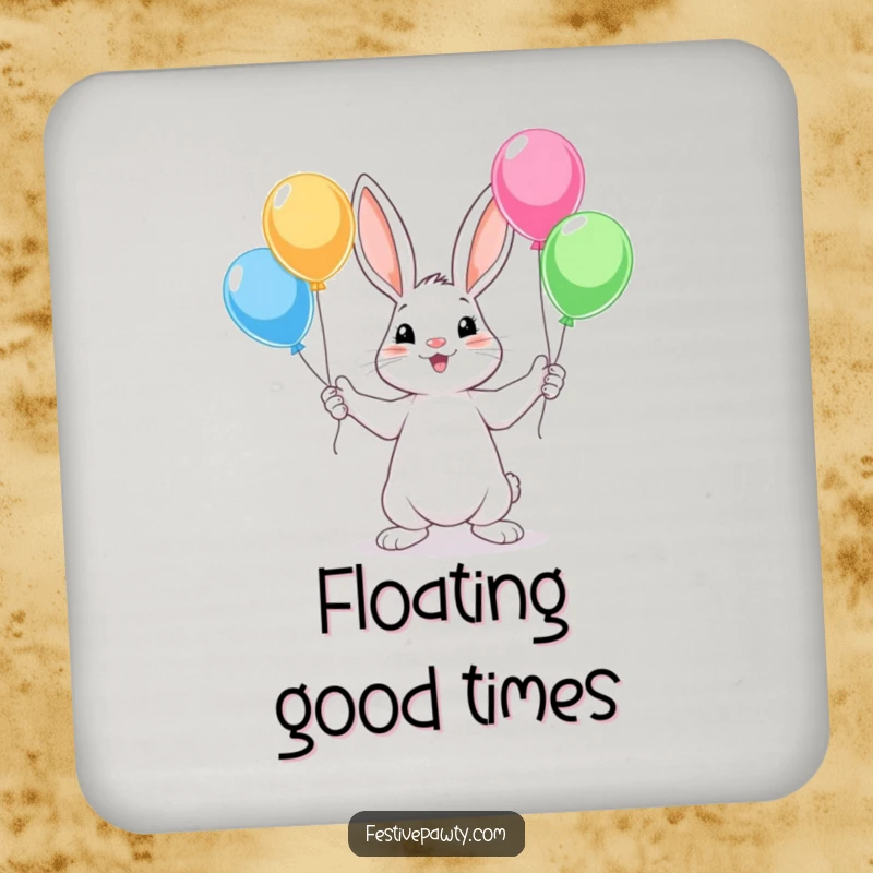 Funny Rabbit Coaster set featuring a cute rabbit character juggling colorful balloons with all four paws, adding playful charm to tables.