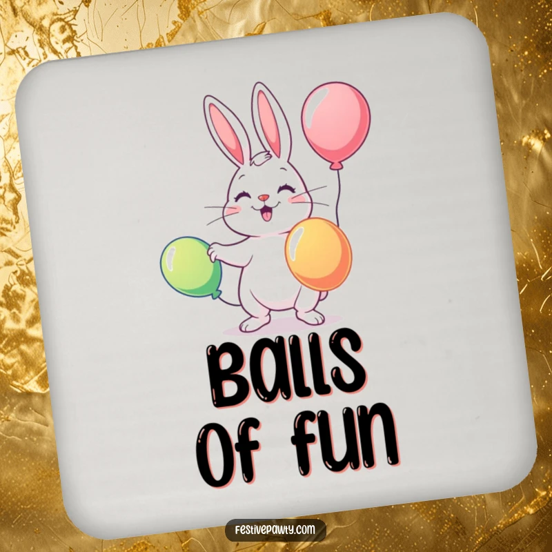 Funny drink coaster showing a playful rabbit skillfully juggling three colorful balloons, protecting surfaces with adorable flair.