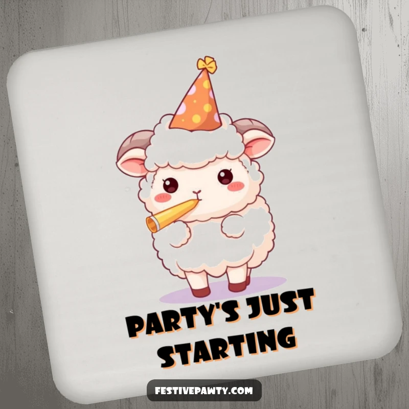 Funny sheep coasters (set of 4) featuring a character in a party hat blowing a horn, adding humor and celebration to tables.