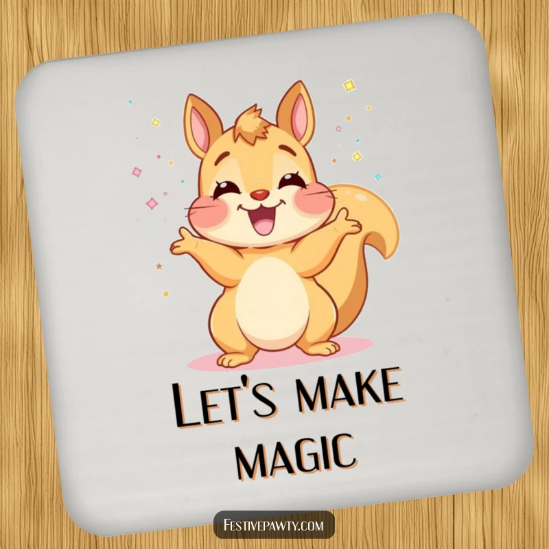 Funny Squirrel Drink Coaster: An ecstatic squirrel humorously scatters glitter, protecting tables with a joyful, sparkly design.
