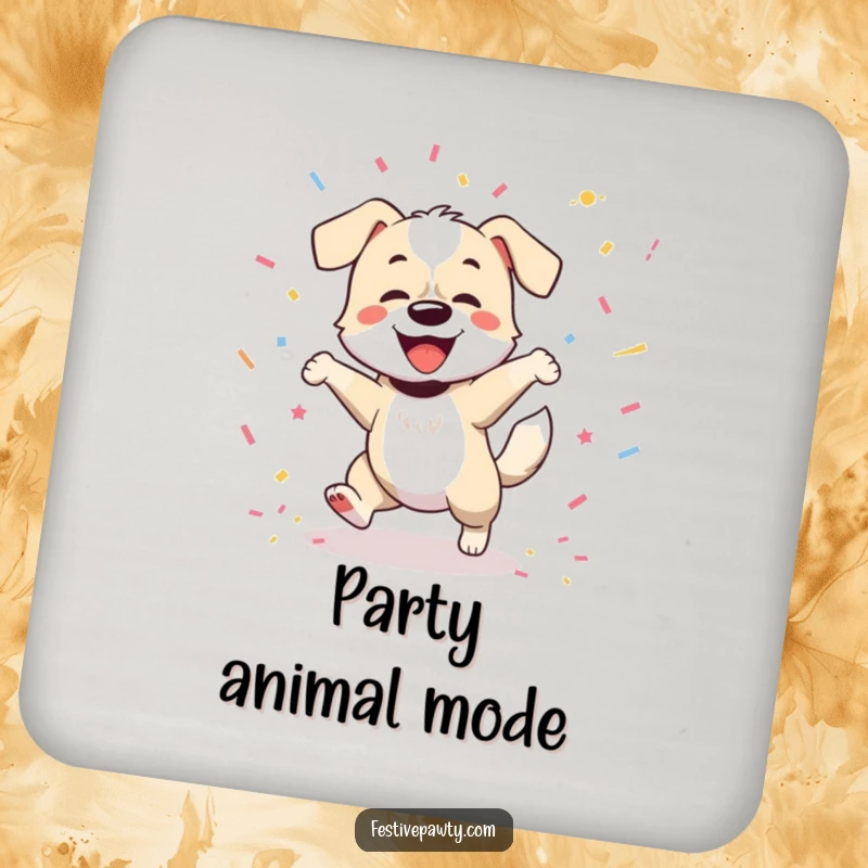Funny drink coaster showing a happy dog doing a celebratory dance with a wagging tail amidst confetti, keeping surfaces safe.