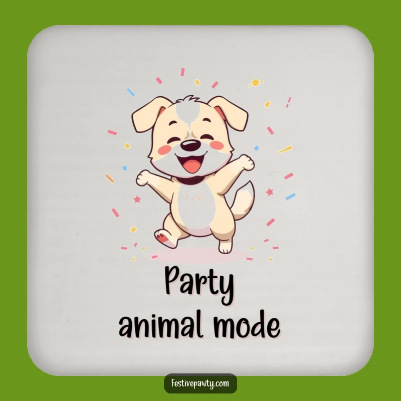 Funny Dog Drink Coaster: Joyful Dancer Prevents Spills with Confetti