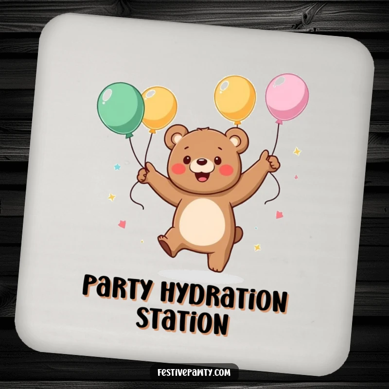 Funny drink coasters showcasing a happy bear character dancing with streamers and balloons, adding a festive touch to any beverage setting.