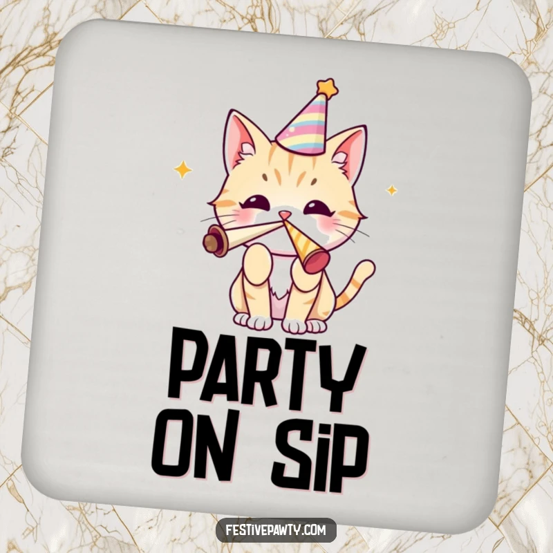 Funny cat drink coaster showing a cute character in a party hat blowing a party horn, perfect for adding festive charm.