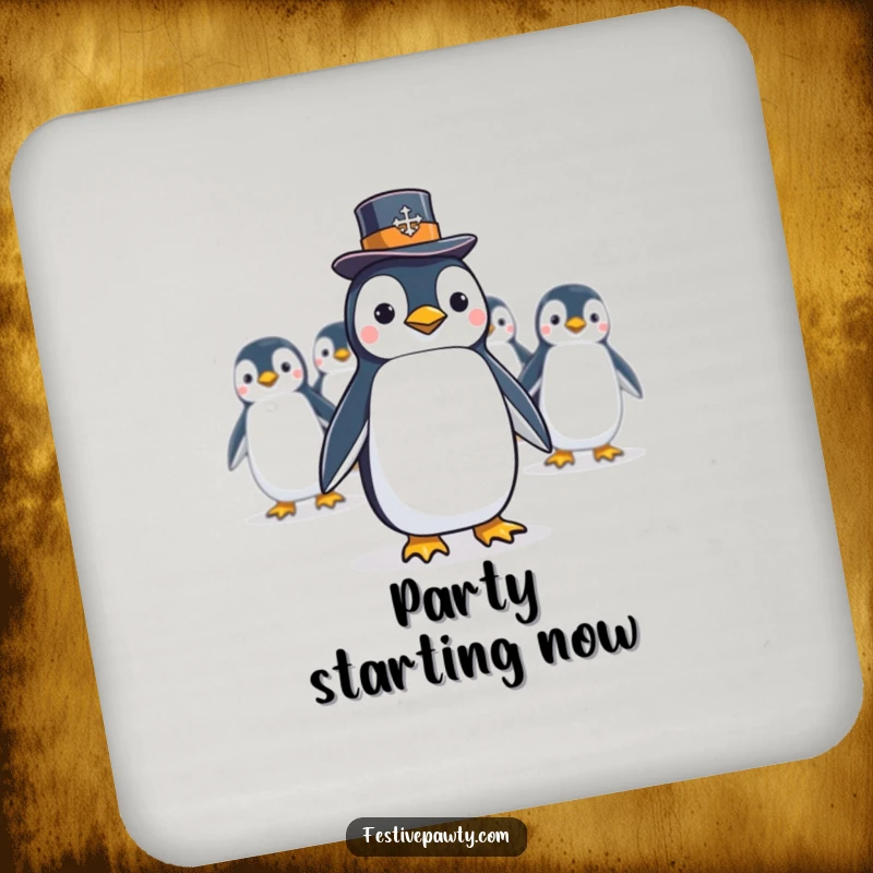 Funny Coaster with a penguin in a top hat leading a conga line, adding a celebratory touch to drink service.