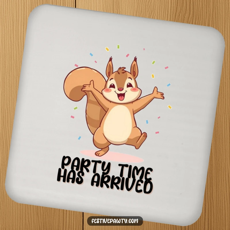 Funny drink coaster displaying a squirrel cartwheeling through confetti, adding a touch of playful celebration to any surface.