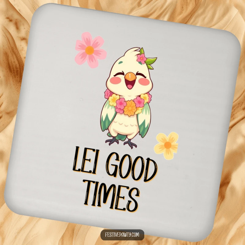 Funny Parrot Drink Coaster showing a giggling parrot wearing a festive lei, bringing tropical fun and surface protection with a cheerful vibe.