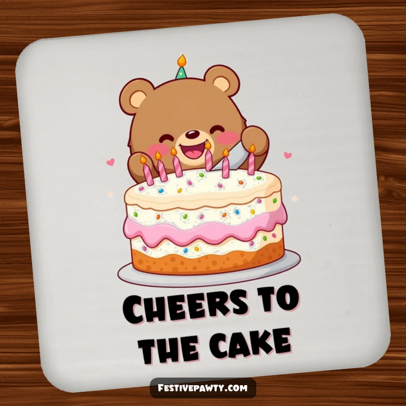Funny drink coasters featuring a happy bear slicing a festive birthday cake, perfect for adding a celebratory touch.