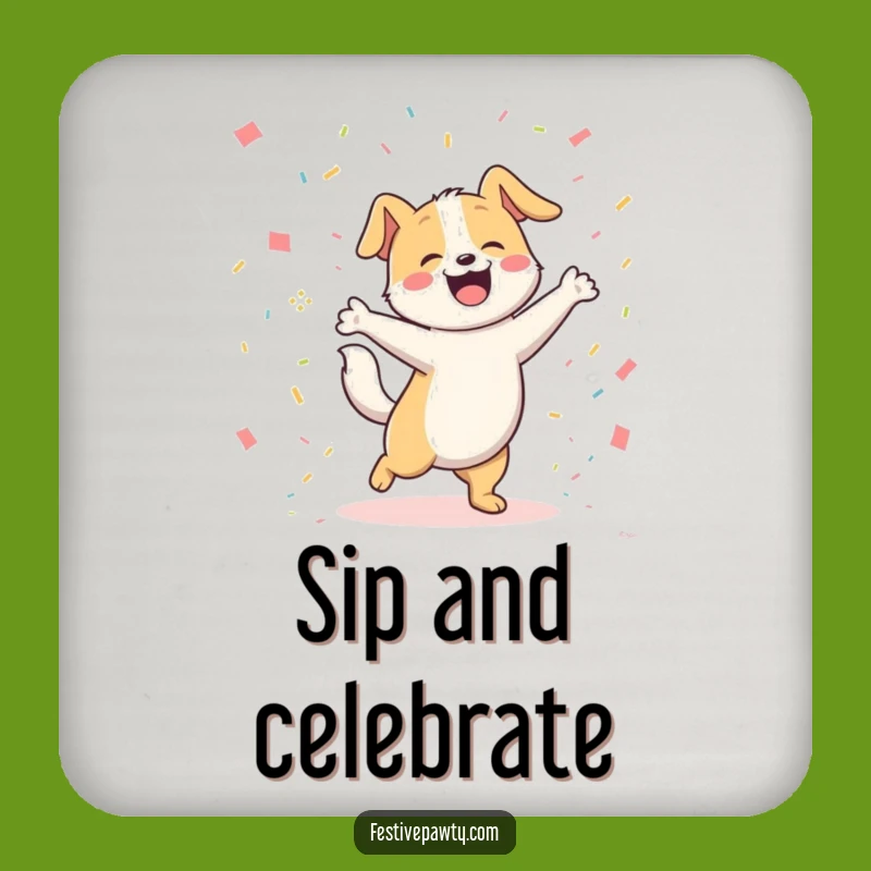 Funny Dog Dancing Drink Coaster: Joyful Pooch Wagging Tail in Confetti, Protect Surfaces!