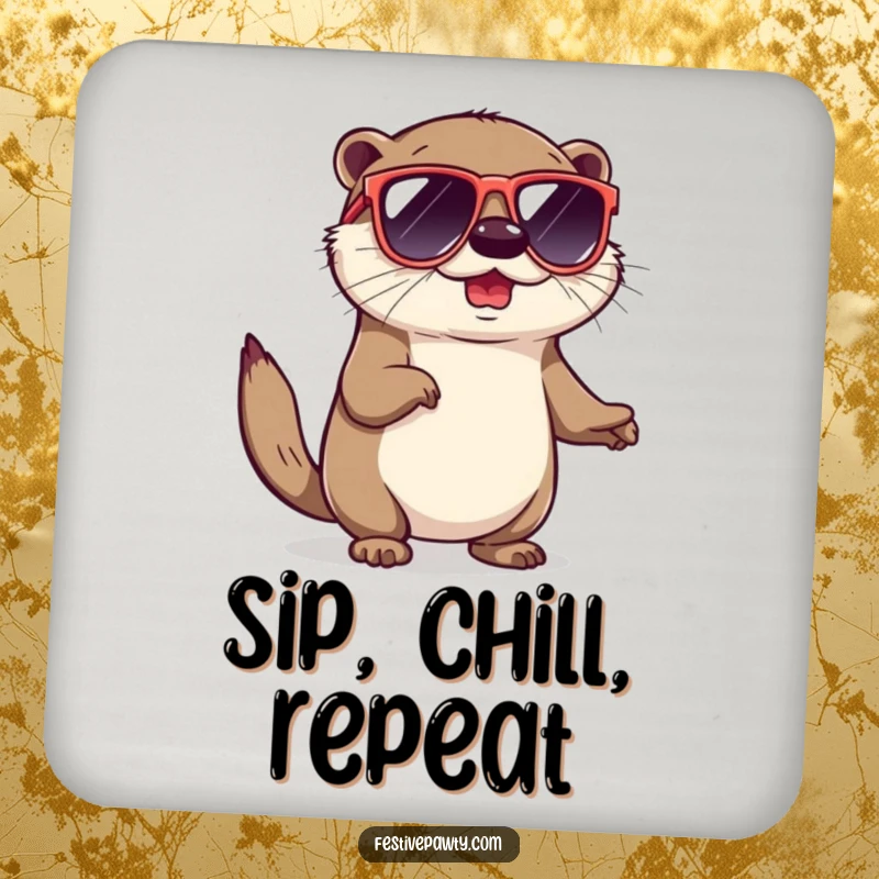 Funny drink coaster featuring a playful otter in cool sunglasses, doing a groovy shimmy, adding a touch of humor.